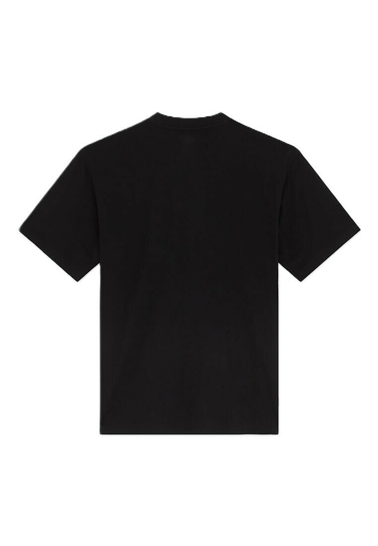 Schlichtes schwarzes T-Shirt mit kurzen Ärmeln und Rundhalsausschnitt, von hinten gezeigt, mit geradem Saum und normaler Passform.