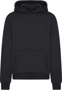 Juoda gobtuvė, minkšta medžiaga, kengūros kišenė, raukšlėti rankogaliai ir apatinė dalis, pasižyminti paprastu dizainu ir be matomo ženklinimo.