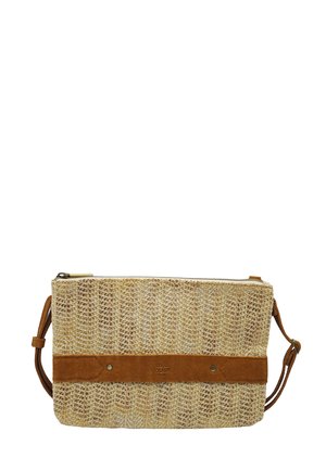 Sac bandoulière rectangulaire beige en tissu tissé avec sangle en daim marron et bandoulière réglable, fermeture éclair, "milo louise Paris" embossé à l'avant.
