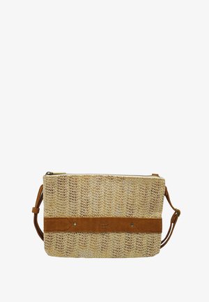 Sac bandoulière rectangulaire beige en tissu tissé avec sangle en daim marron et bandoulière réglable, fermeture éclair, "milo louise Paris" embossé à l'avant.