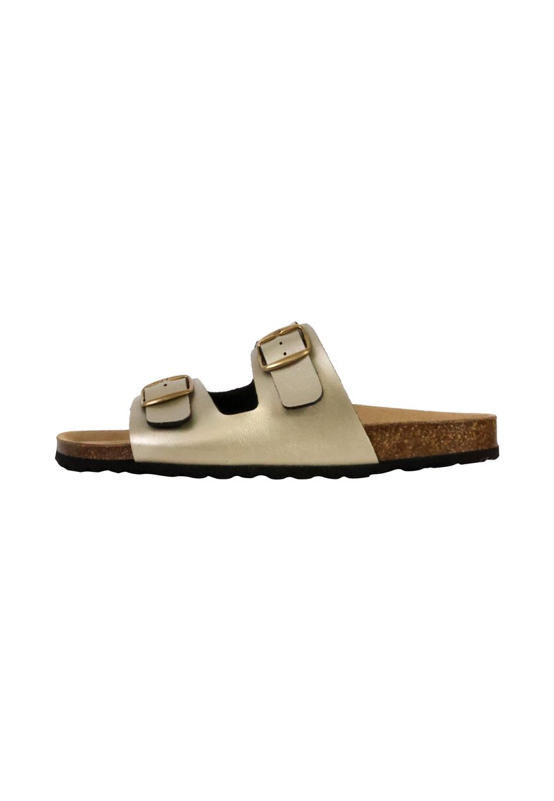 Sandals with a gold faux leather upper, two adjustable buckles, cork midsole, and a black rubber outsole. Flat design for casual wear.