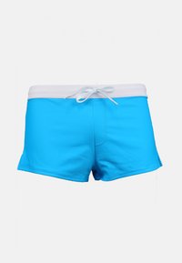 Shorts de bain bleu avec une ceinture élastique blanche et un cordon de serrage ajustable. Texture lisse, longueur mi-thigh et fentes latérales pour plus de liberté de mouvement.