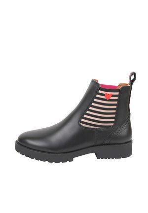 Black leather ankle boot with elastic side panels featuring black and pink stripes and a red heart detail. Rubber sole with traction.
