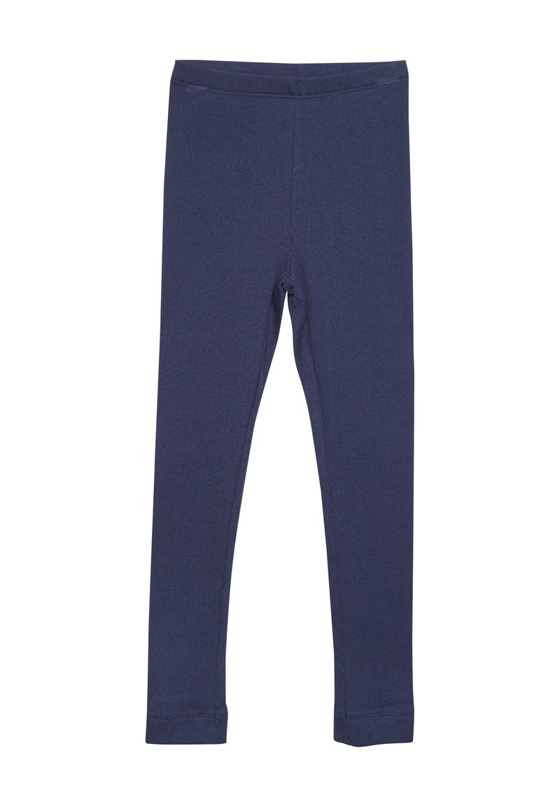 Leggings bleu marine en tissu côtelé, avec une coupe ajustée, une taille élastique et sans motifs ni accessoires visibles.