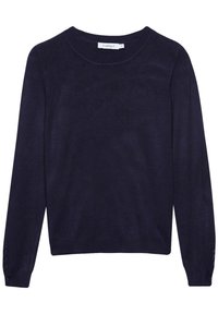 Pull bleu marine foncé à manches longues avec encolure ronde et détails de boutons aux poignets, étiquette taille petite.