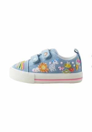 Light blue children's sneaker with velcro straps and colorful embroidered designs including sun, rainbow, zebra, flowers, and ice cream cone.