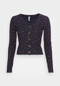 Marineblaue Langarm-Cardigan aus geripptem Stoff mit V-Ausschnitt, floralem Muster und zehn goldenen Knöpfen auf der Vorderseite. Kurzes Design.