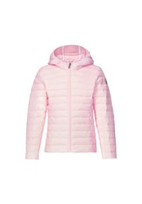 Giacca isolante rosa chiaro con cappuccio, caratterizzata da una cerniera completa, design trapuntato, due tasche laterali e rivestimento bianco a contrasto.