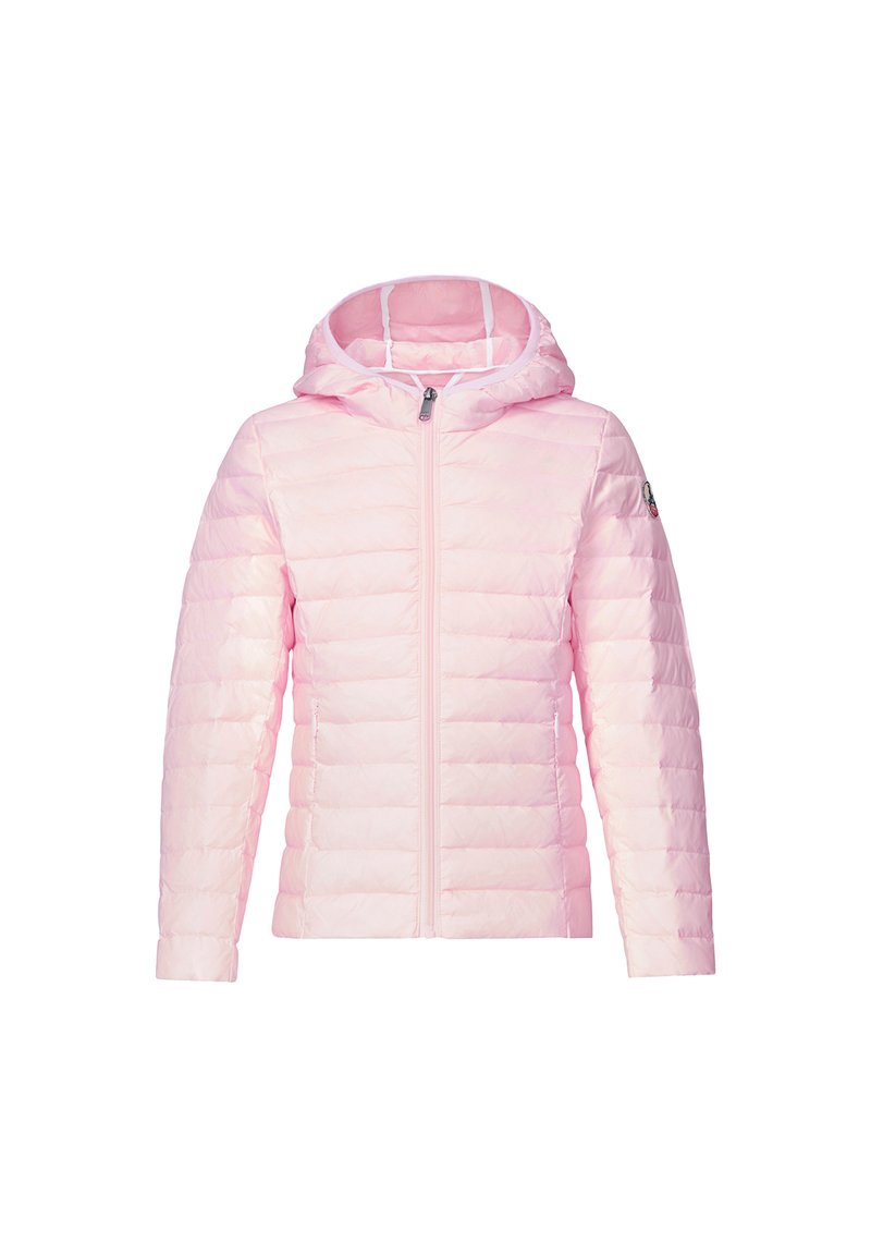 Giacca isolante rosa chiaro con cappuccio, caratterizzata da una cerniera completa, design trapuntato, due tasche laterali e rivestimento bianco a contrasto.