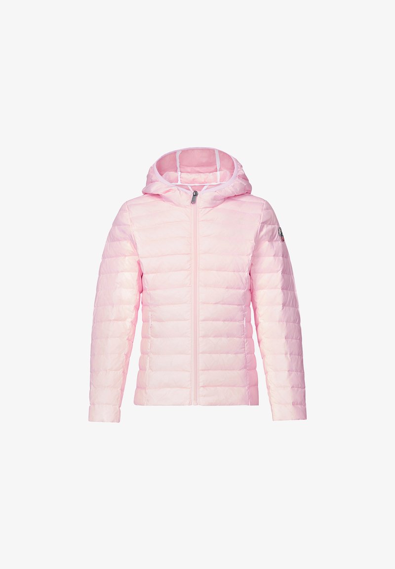 Giacca isolante rosa chiaro con cappuccio, caratterizzata da una cerniera completa, design trapuntato, due tasche laterali e rivestimento bianco a contrasto.