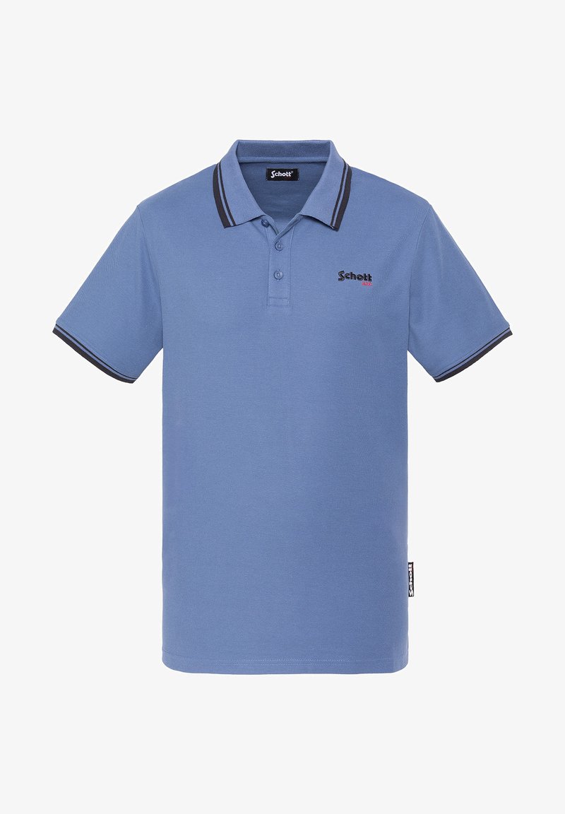 Polo bleu clair en coton, avec un col à bordure bleu foncé, trois boutons et un petit logo Schott rouge sur la poitrine.
