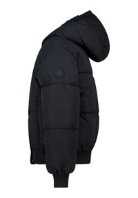 Black padded hooded winter jacket with elastic cuffs and a circular logo patch on the upper sleeve, shown from the side.