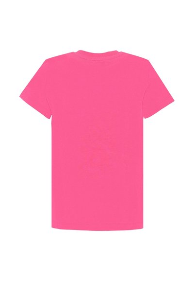 T-shirt à manches courtes et col rond en coton rose vif. Couleur unie, coutures plates, sans graphisme ni texte, avec une texture lisse.