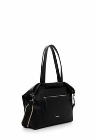 Black leather tote bag with textured surface, dual handles, and one front zipper pocket. Includes an adjustable striped shoulder strap.