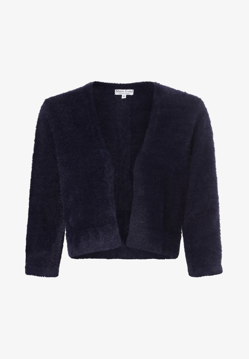 Marinblå, kortärmad, öppen framsides kofta i mjukt, fluffigt material med en texturerad yta och utan knäppningar. Etikett synlig inuti.