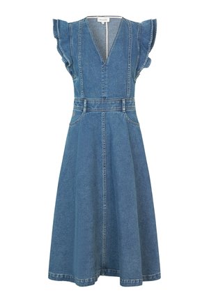 Denim obleka z V-izrezom, nabránimi kratkimi rokavi, prilegajočim pasom in razširjenim krilom, v srednji modri pranju s kontrastnimi šivi.