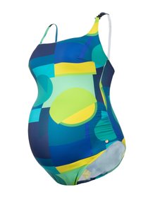 Zwemkleding voor zwangerschap in een geometrisch ontwerp met blauw, groen en gele patronen. Heeft verstelbare banden en rekbare stof voor comfort.