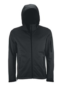 Schwarze Kapuzenjacke aus Softshell-Material mit durchgehendem Reißverschluss, zwei Seitentaschen und schlankem Design mit elastischen Bündchen.