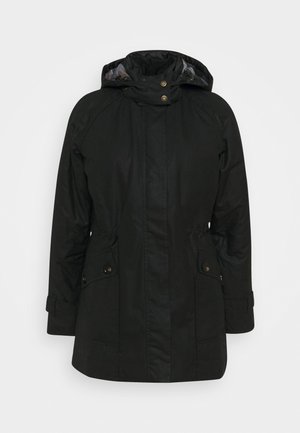 Schwarze Kapuzenjacke mit Knöpfen vorne, zwei aufgesetzten Taschen mit Klappen und verstellbaren Bündchen, entworfen für kaltes Wetter.