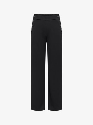 Sortte bukser med høj talje og vide ben, dekoreret med knapper på forsiden og en elastisk linning bagpå.