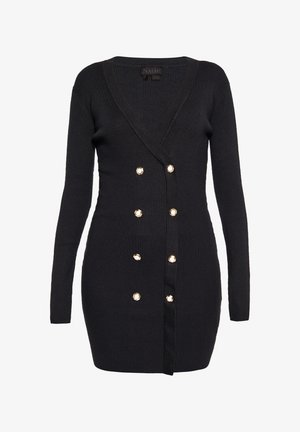 Cardigan negru cu striații, guler adânc în formă de V, mâneci lungi, detalii cu butoane aurii îndoite și o siluetă ajustată.