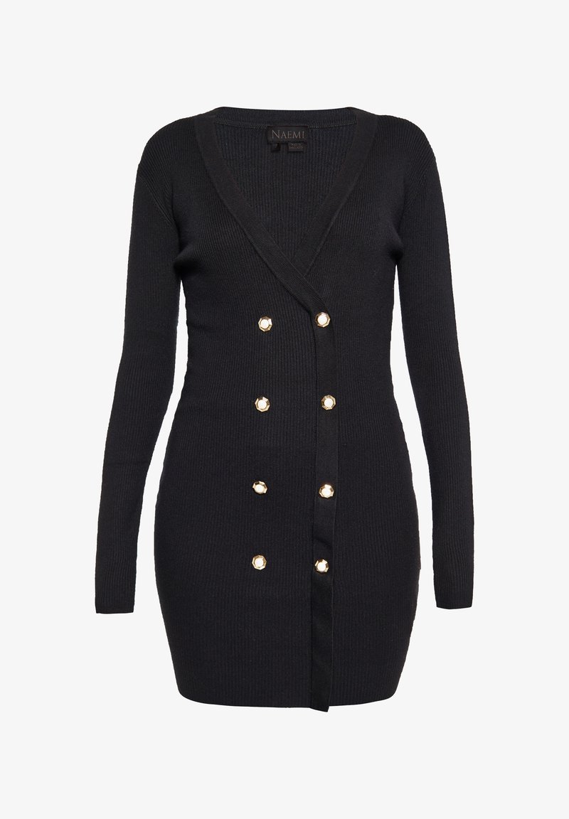 Cardigan negru cu striații, guler adânc în formă de V, mâneci lungi, detalii cu butoane aurii îndoite și o siluetă ajustată.