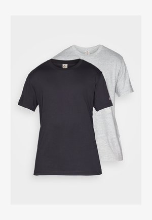 Two short-sleeve t-shirts, one black and one light gray. Both are made of cotton, featuring round necklines and a relaxed fit.