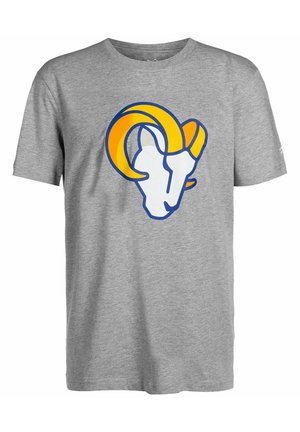 Grå T-shirt med korte ærmer med en stiliseret hvid væddeløbehovede-logo med orange og gule buede horn, der er afgrænset med blå på forsiden.