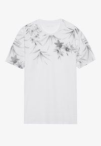 White short-sleeve t-shirt featuring a black and gray floral print on the front, round neckline, and soft cotton texture.
