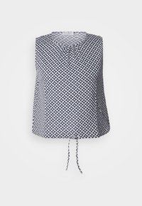 Hedvábná bezrukávová blůza z lehkého materiálu s námořnickou a bílou geometrickou vzorovou, kulatým výstřihem a vázacím detailem na lemu.