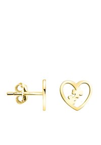 Guldpläterade studs i form av ett hjärta med blommig utskärning. Slät yta och polerad finish; inkluderar en fjärilsback.