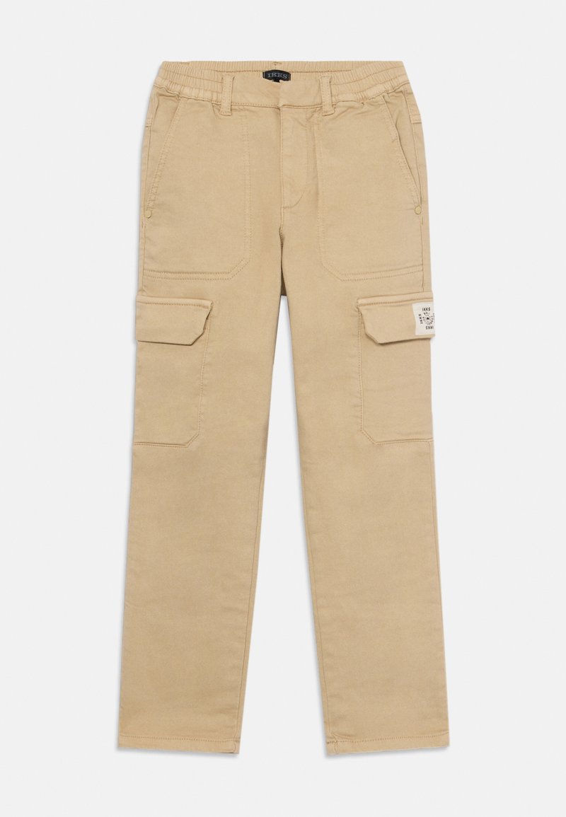 Pantalons cargo beiges en tissu robuste, dotés d'une taille élastique, de deux poches latérales et de deux poches cargo avec rabats.