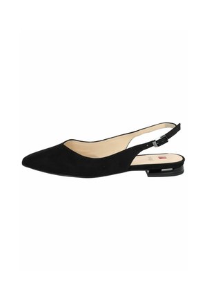 Schwarzer Veloursleder-Spitzflacher Slingback-Schuh mit kleinem Absatz und verstellbarem Schnallenriemen.