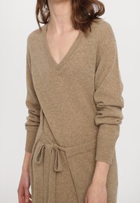 Robe-pull à col en V, manches longues, en maille douce de couleur brun clair. Comprend une ceinture à la taille et des poignets côtelés pour une texture et un détail de design supplémentaires.