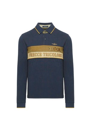 Polo a maniche lunghe blu navy, con colletto e polsini gialli, dotato di una fascia ricamata dorata con la scritta "FRECCE TRICOLORI" e dettagli del logo.