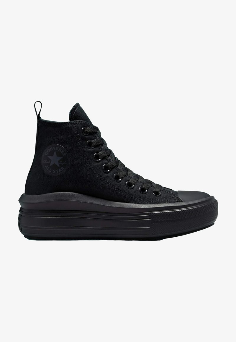 Schwarzer High-Top-Sneaker aus Canvas mit Schnürdesign, gummierter Zehenkappe, strukturiertem Plattformsohle und geprägtem Logodetail an der Seite.