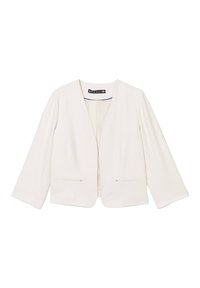Witte blazer met een V-hals ontwerp, lange mouwen en twee voorkenn pockets. Gladde textuur en minimalistische stijl, voorzien van een subtiele voering.