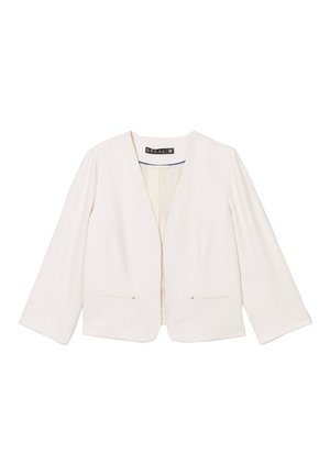 Weißes Blazer mit V-Ausschnitt, langen Ärmeln und zwei vorderen Taschen. Glatte Textur und minimalistischem Stil mit einem dezenten Futter.