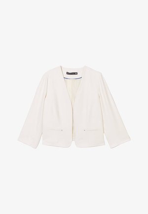 Weißes Blazer mit V-Ausschnitt, langen Ärmeln und zwei vorderen Taschen. Glatte Textur und minimalistischem Stil mit einem dezenten Futter.