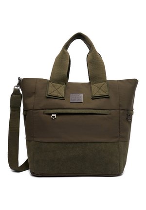 Olivgrüne Tragetasche mit kurzen Griffen, abnehmbarem Schultergurt, vorderer Reißverschlusstasche und G-Star Raw Logo-Patch auf der oberen Vorderseite.