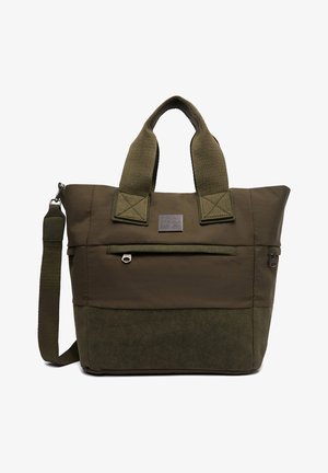 Oliwkowa torba typu tote z krótkimi uchwytami, odpinanym paskiem na ramię, przednią kieszenią na zamek i naszywką z logo G-Star Raw na górnej części przodu.