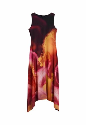 Varrukateta kleit, millel on lühike-pikk äär ja abstraktne lillemuster punaste, roosade, oranžide ja kollaste toonidega tumedal taustal.
