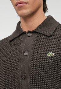 Polo en tricot marron avec un motif texturé, présentant un col, deux boutons foncés et un petit logo de crocodile vert sur la poitrine.