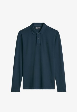Marineblaue Langarm-Poloshirt mit Knopfleiste mit zwei Knöpfen und einem dezenten, gestickten Logo auf der linken Brust.