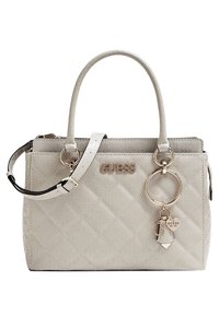 Quilted beige håndtaske med dobbelte top-hænder, en aftagelig skulderrem, guld-logo og nøglering som accent. Glat syntetisk materiale.
