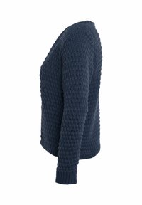 Navyblauwe gebreide trui met een gestructureerd patroon, ronde hals en lange mouwen. Geribde manchetten en zoom, met een boxy silhouet.