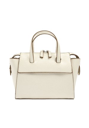 Kremowa, usztywniana torba na ramię z dwoma uchwytami, górnym zamkiem błyskawicznym oraz lekko rozszerzanymi bokami, prezentowana na białym tle.