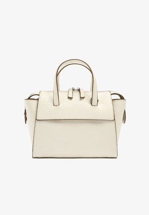 Kremowa, usztywniana torba na ramię z dwoma uchwytami, górnym zamkiem błyskawicznym oraz lekko rozszerzanymi bokami, prezentowana na białym tle.