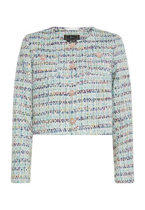 Giacca corta in tessuto multicolore testurizzato con motivo intrecciato. Presenta due tasche frontali e chiusure decorate con bottoni.