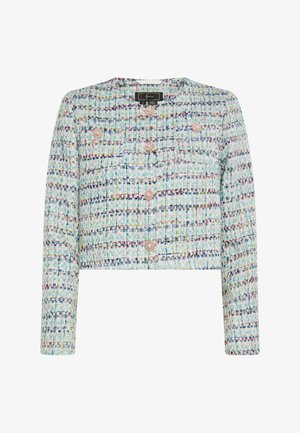 Giacca corta in tessuto multicolore testurizzato con motivo intrecciato. Presenta due tasche frontali e chiusure decorate con bottoni.